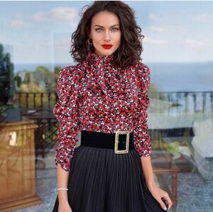 Zara High Tie Neck Puff Sleeve Black Red Rose Satin Size S